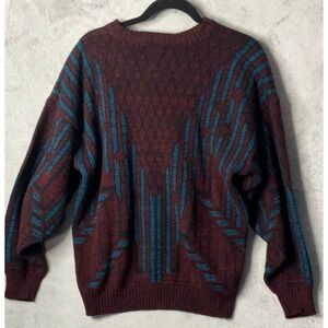 Mister Man Mens Burgundy Blue Geometric Pattern Knit Sweater XL